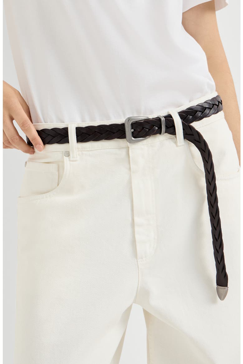 Braided leather belt with monili, Alternate, color, Brown