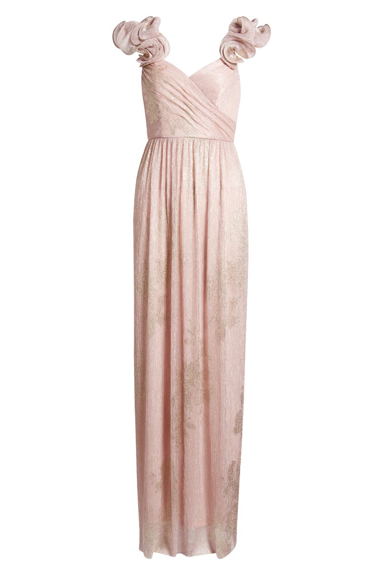 Ruffle Off the Shoulder Metallic Column Gown, Alternate, color, PINK GOLD