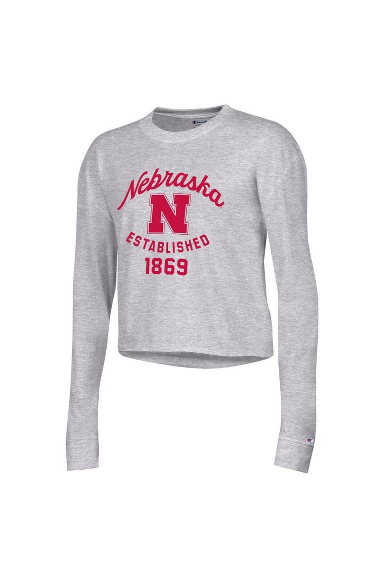 Women's Champion Gray Nebraska Huskers Boyfriend Cropped Long Sleeve T-Shirt, Alternate, color, Gray