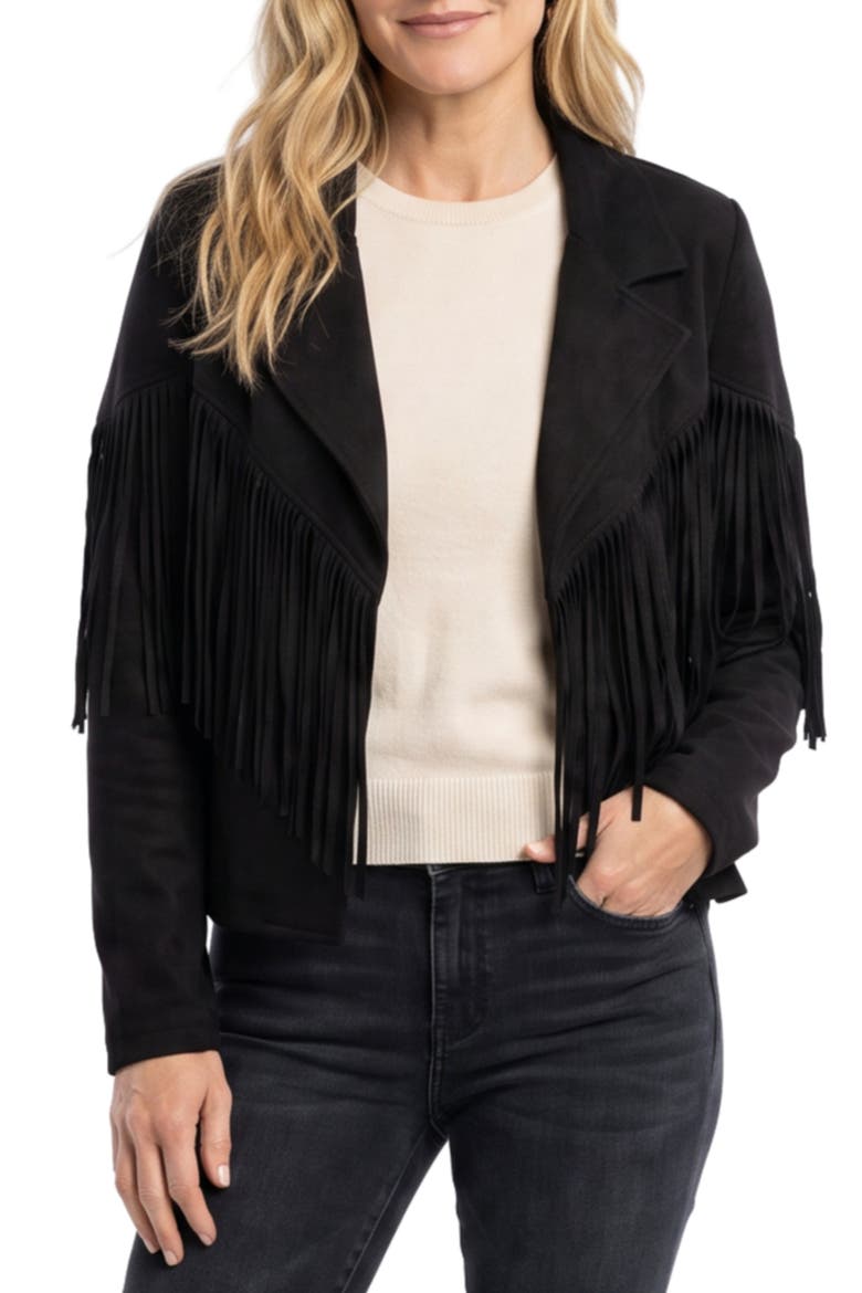 Fringe Long Sleeve Jacket, Main, color, BLACK