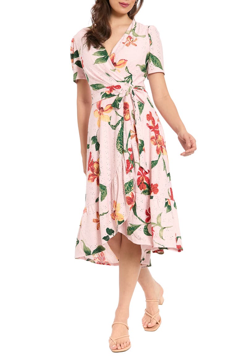 Floral Eyelet Short Sleeve Faux Wrap Dress, Main, color, PINK/ YELLOW