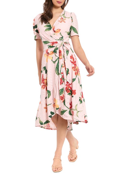 Floral Eyelet Short Sleeve Faux Wrap Dress