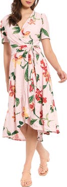 London Times Floral Eyelet Short Sleeve Faux Wrap Dress