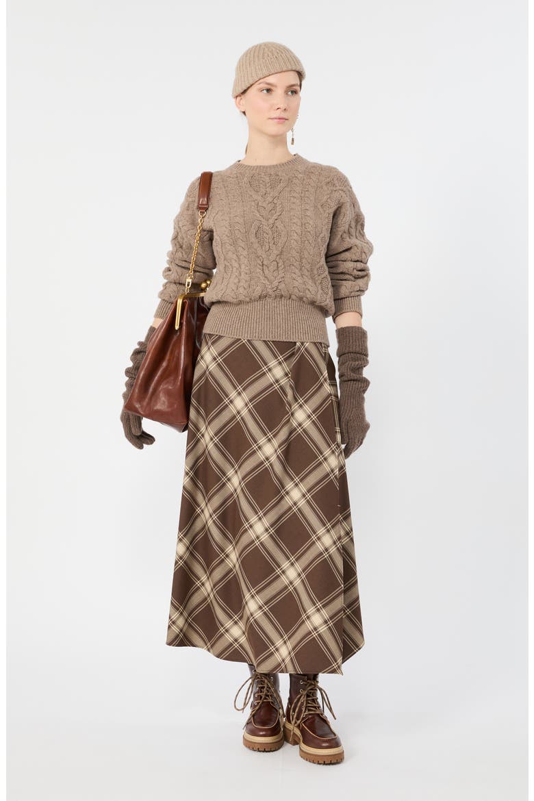 Plaid Wool Blend Midi Skirt, Alternate, color, BROWN