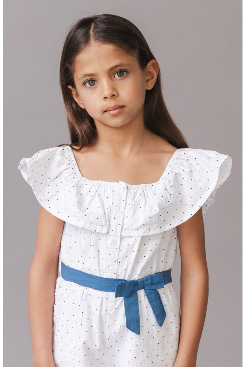 Kids' Organic Ruffle Collar Button Front Seersucker Romper, Alternate, color, Delft Dot Seersucker