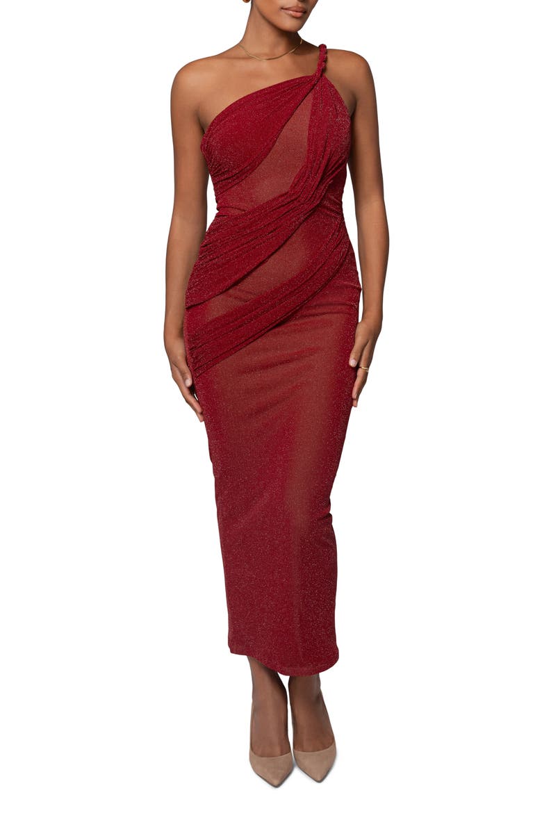 Alari One-Shoulder Sparkle Mesh Gown, Main, color, RED