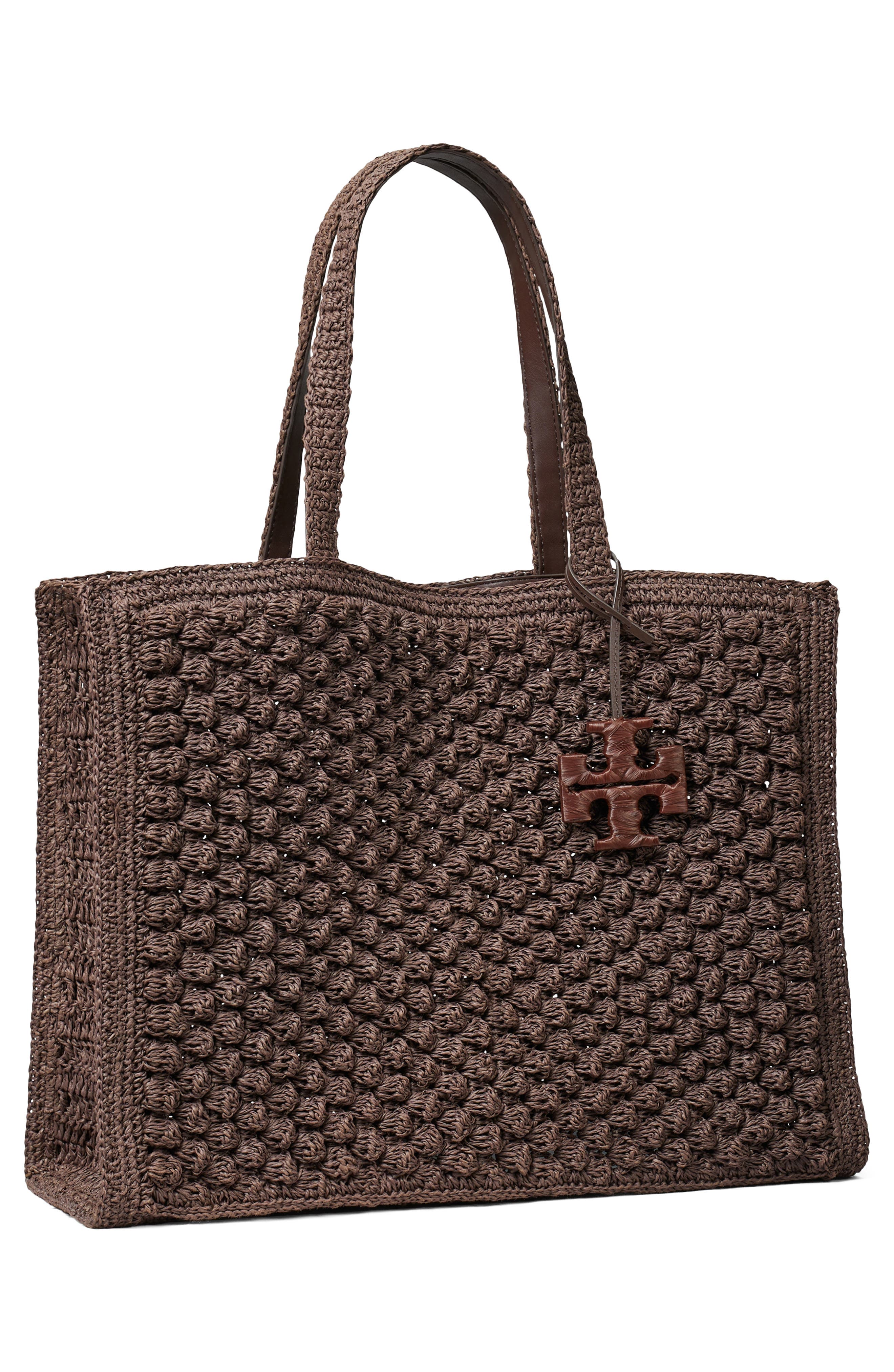 Tory Burch Ella Hand Crochet Straw Bag, Alternate, color, Dark Cocoa