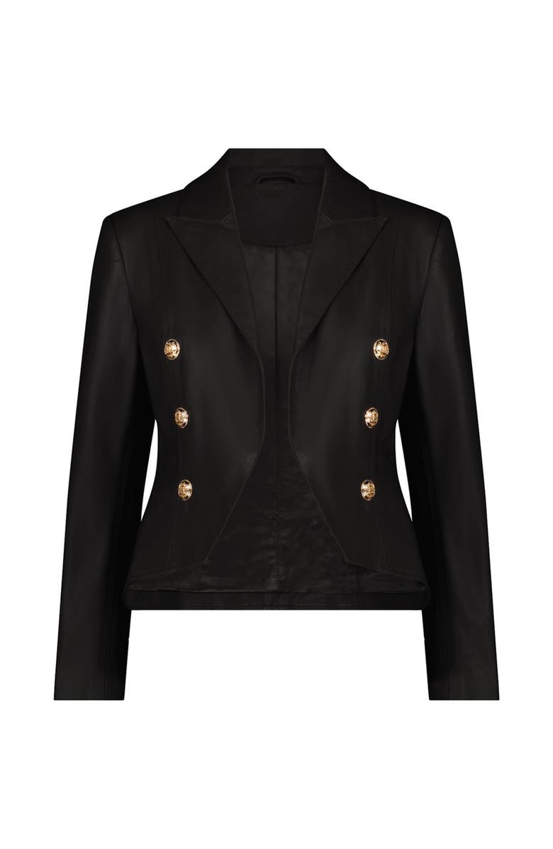 The Noli Shop Gabrielle Leather Double Breasted Blazer, Alternate, color, Black Leather