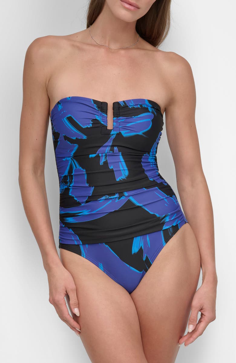 DKNY Ruched One-Piece Swimsuit, Main, color, Brush Stroke
