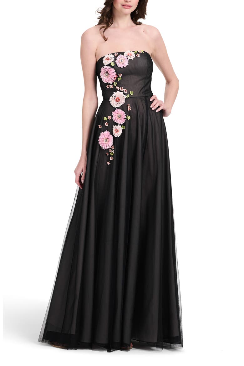 3D Floral Strapless Tulle Gown, Main, color, BLACK MULTI