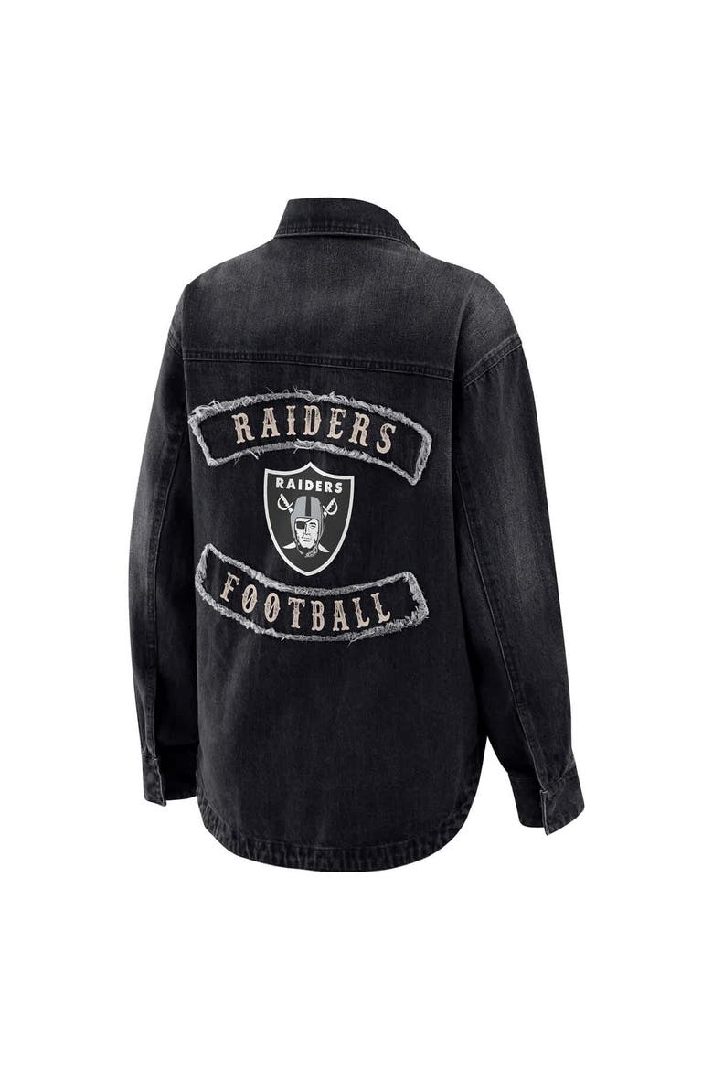 Women's WEAR by Erin Andrews Black Las Vegas Raiders Washed Oversized Denim Full-Snap Shacket, Alternate, color, Black
