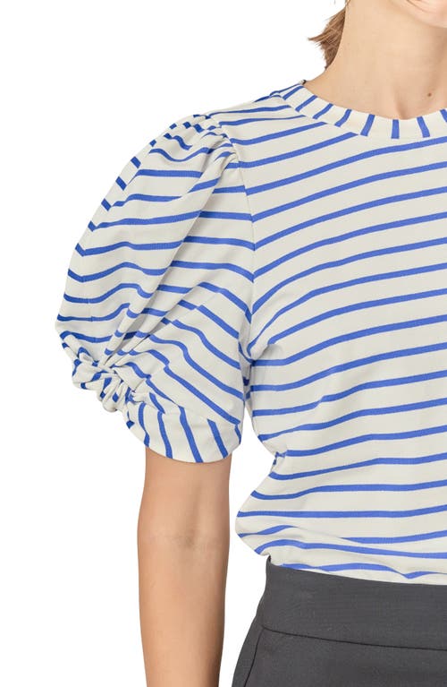 English Factory Stripe Puff Sleeve Stretch Cotton Top In White