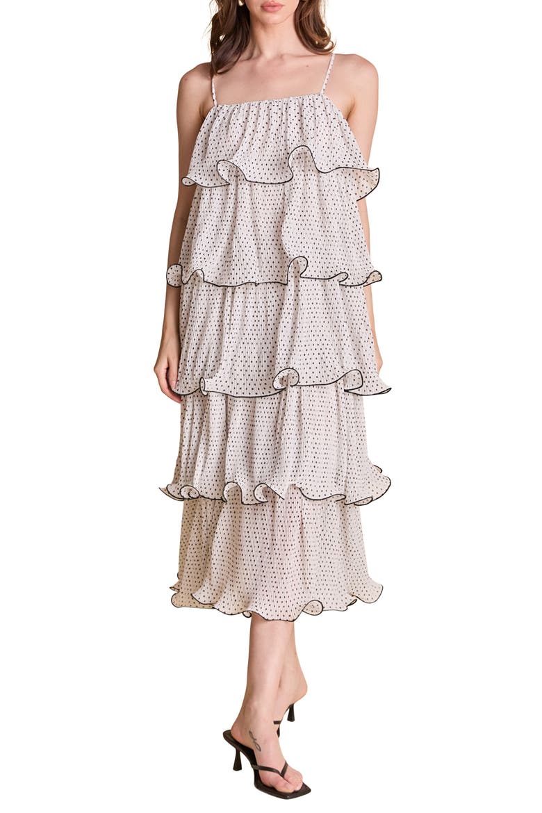 Polka Dot Wired Ruffle Tiered Dress, Main, color, WHITE/ BLACK