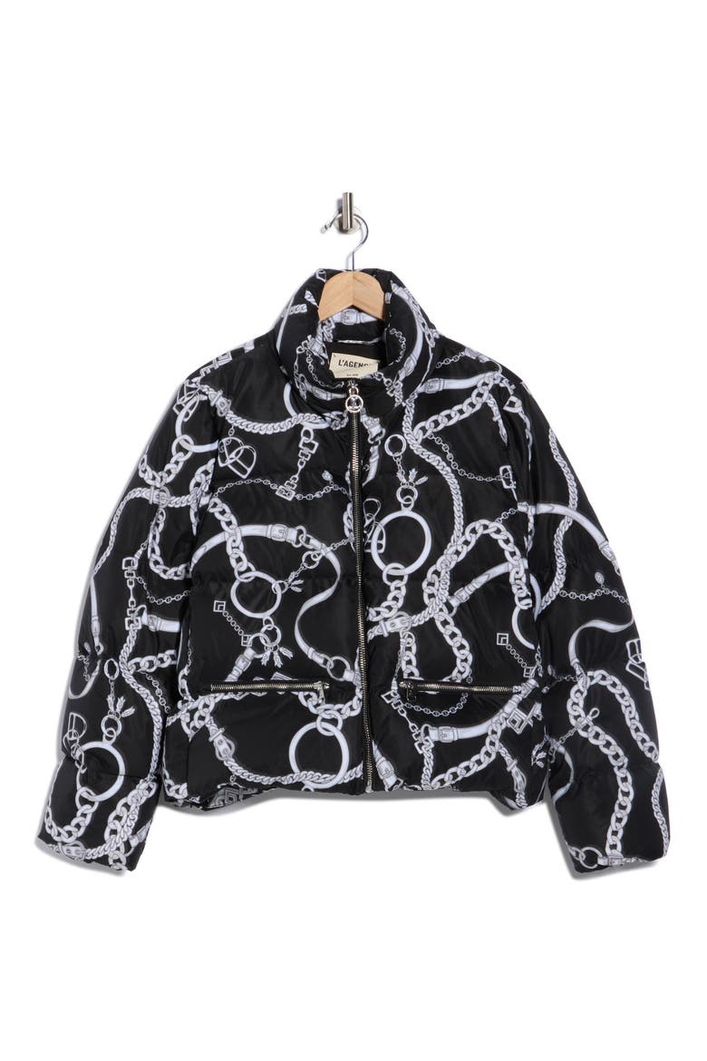 Stowe Chain Print Puffer, Alternate, color, BLACK/ WHITE BUCKLE CHAIN