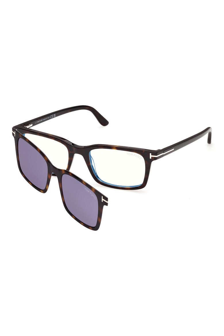 53mm Rectangular Blue Light Blocking Glasses with Clip-On Sun Lens, Main, color, SHINY DARK HAVANA WITH ROSE G