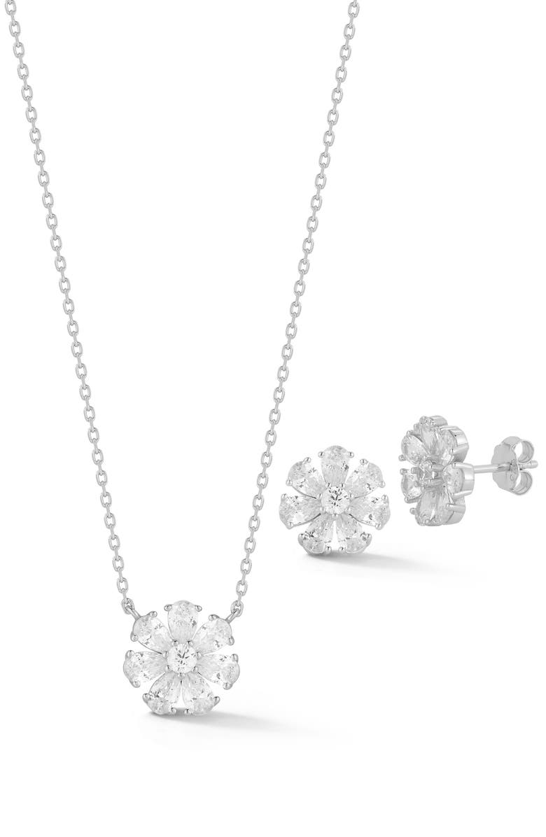 GLAZE JEWELRY Cubic Zirconia Pendant Necklace & Stud Earrings Set, Main, color, Silver