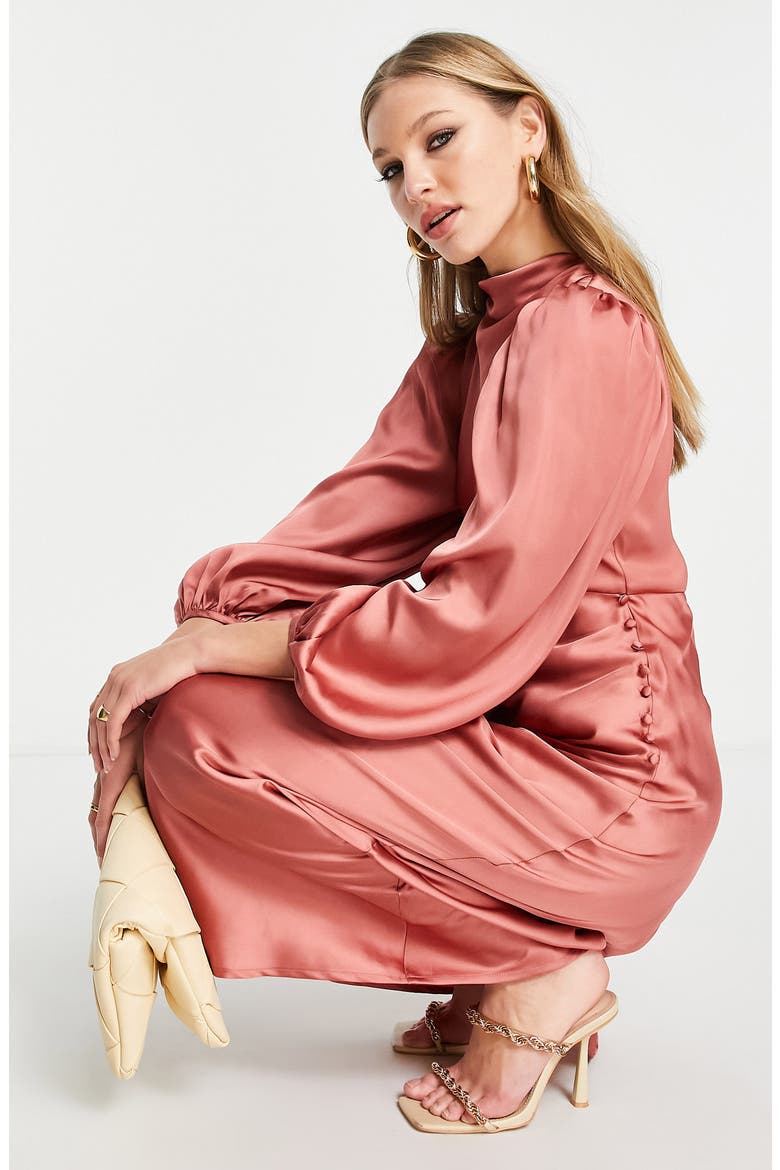 Balloon Sleeve Satin Gown, Alternate, color, PINK