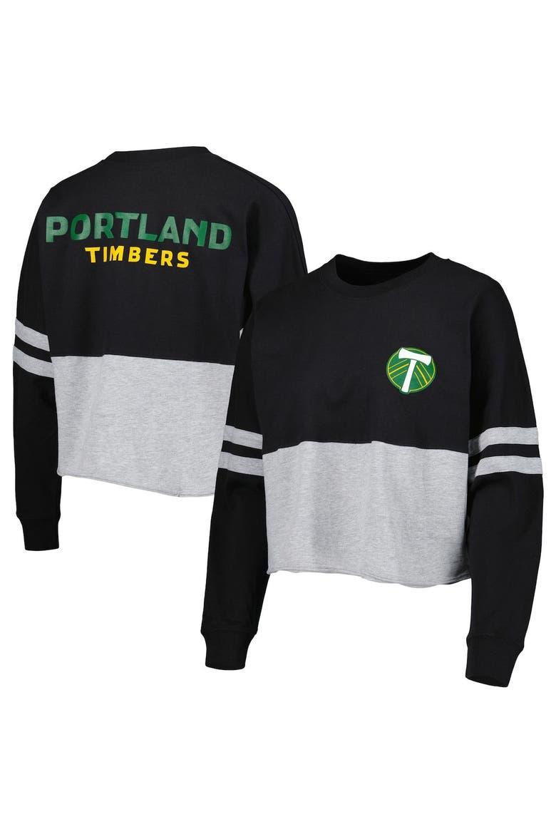 Women's Black/Heather Gray Portland Timbers Cropped Retro Jersey Long Sleeve T-Shirt, Main, color, Black