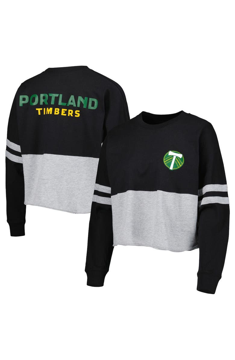 BOXERCRAFT Women's Black/Heather Gray Portland Timbers Cropped Retro Jersey Long Sleeve T-Shirt, Main, color, 