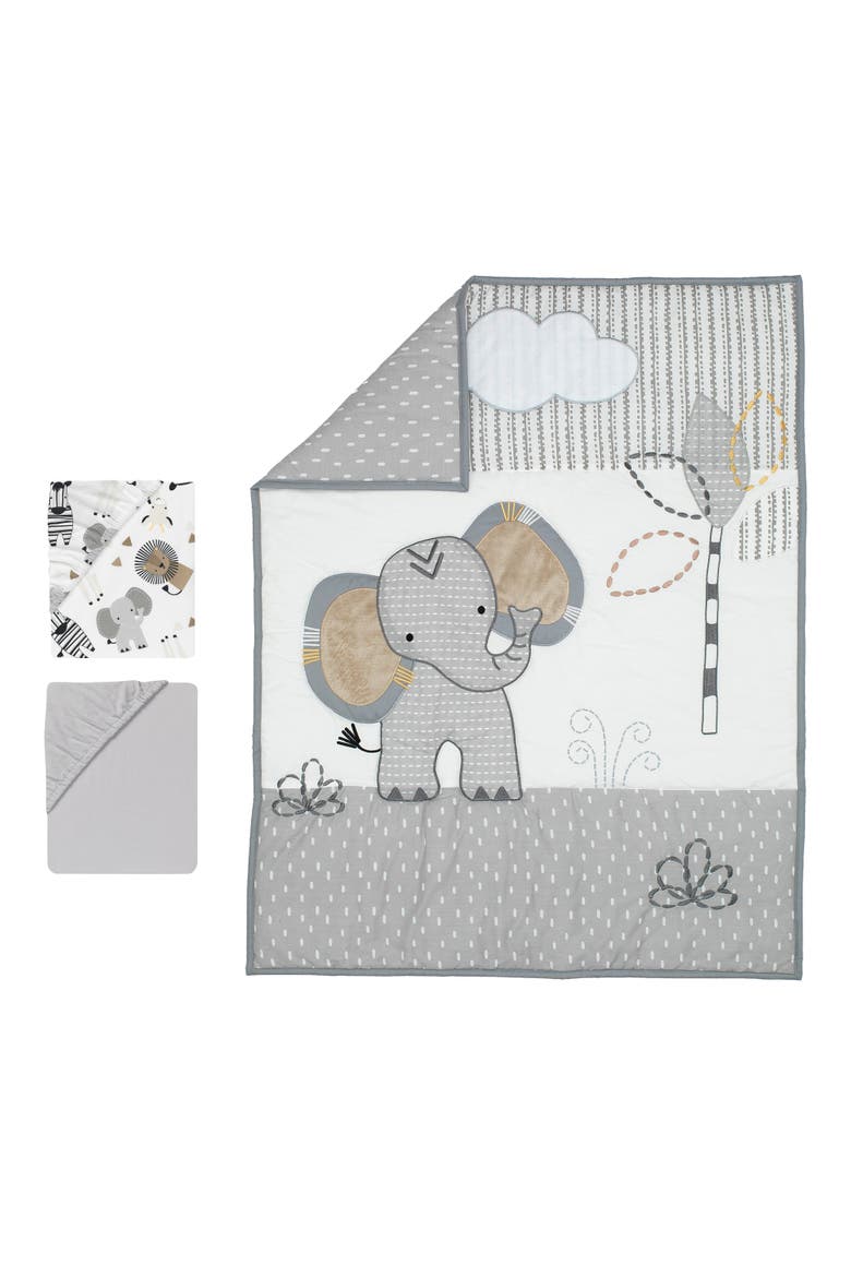 Jungle Safari Elephant 3-Piece Mini Crib Bedding Set, Alternate, color, Gray