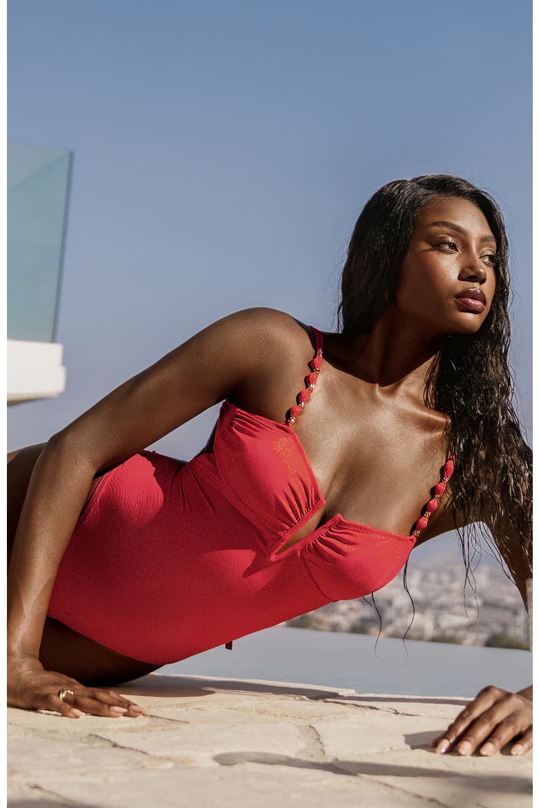 V-Wire Shimmer One-Piece Swimsuit, Alternate, color, Red