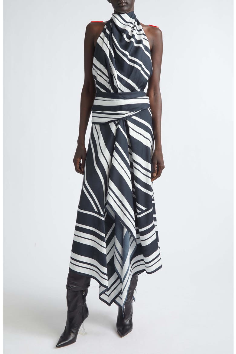 Marin Stripe Scarf Halter Midi Dress, Main, color, BLACK/ WHITE STRIPE