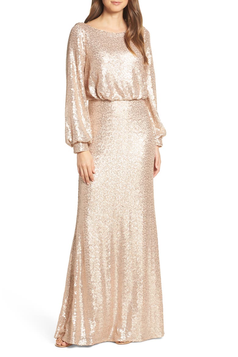Blouson Long Sleeve Sequin Evening Dress, Main, color, CHAMPAGNE