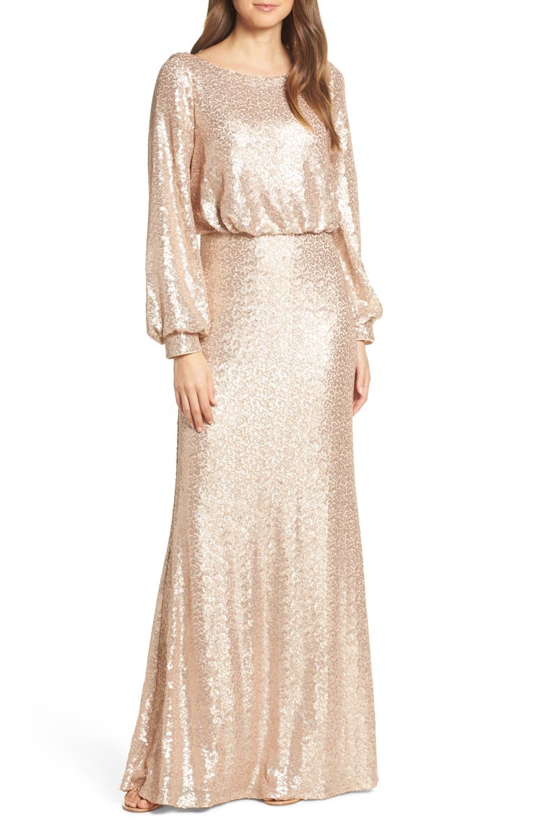 Tadashi Shoji Blouson Long Sleeve Sequin Evening Dress, Main, color, 