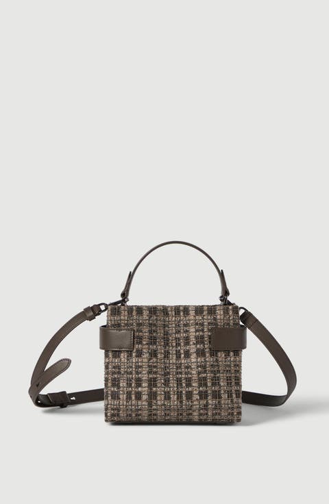 Essence small top-handle bag in suede with precious check embroidery