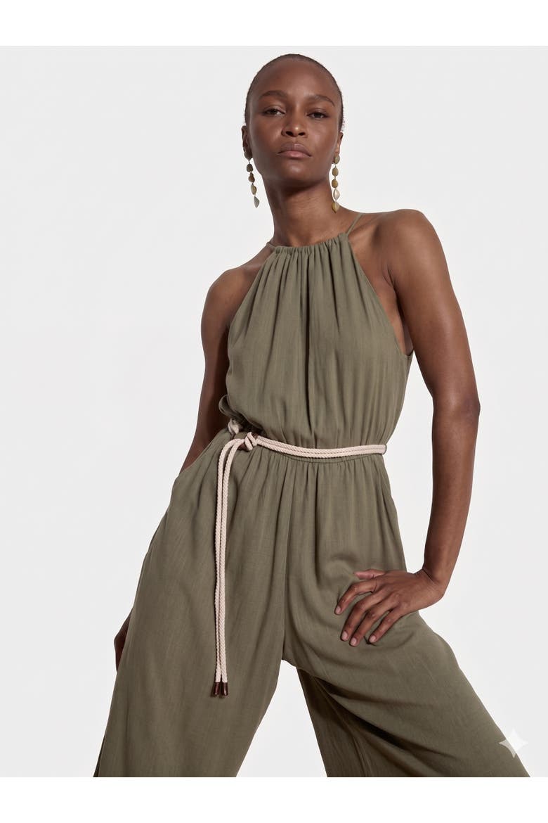 Halter Neck Rope Belt Jumpsuit, Alternate, color, Khaki