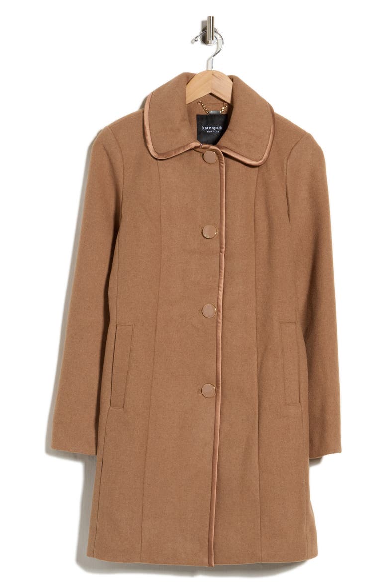 Satin Trim Wool Blend Coat, Main, color, CAMEL