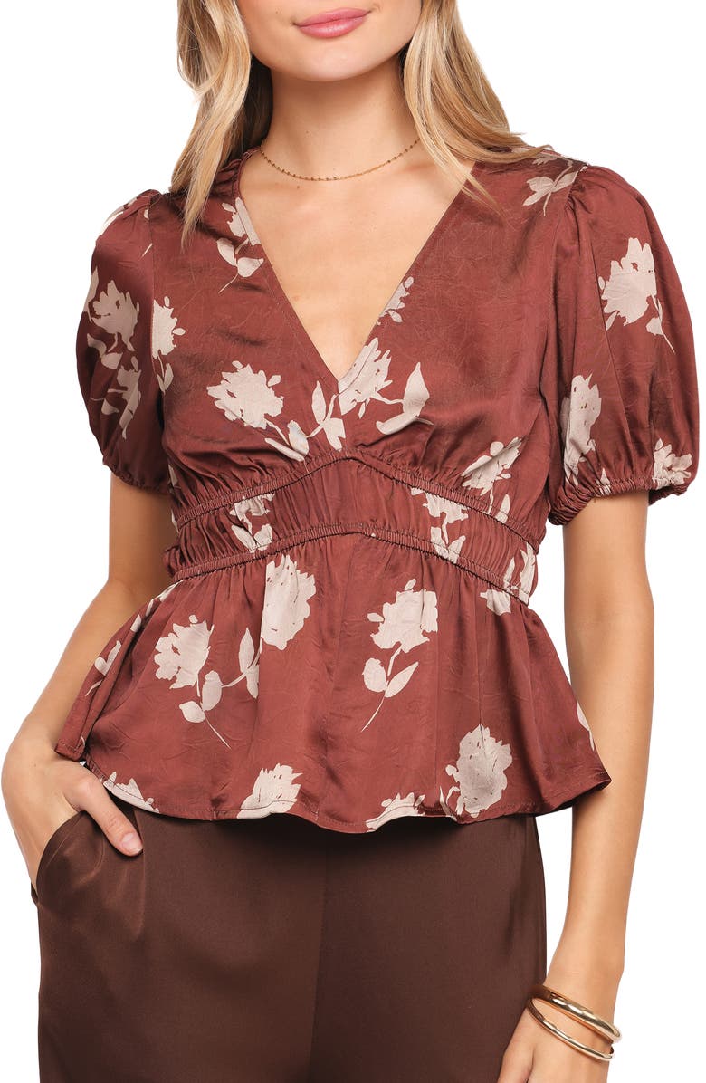 Petal & Pup Griffin Floral Peplum Blouse, Main, color, Brown Floral