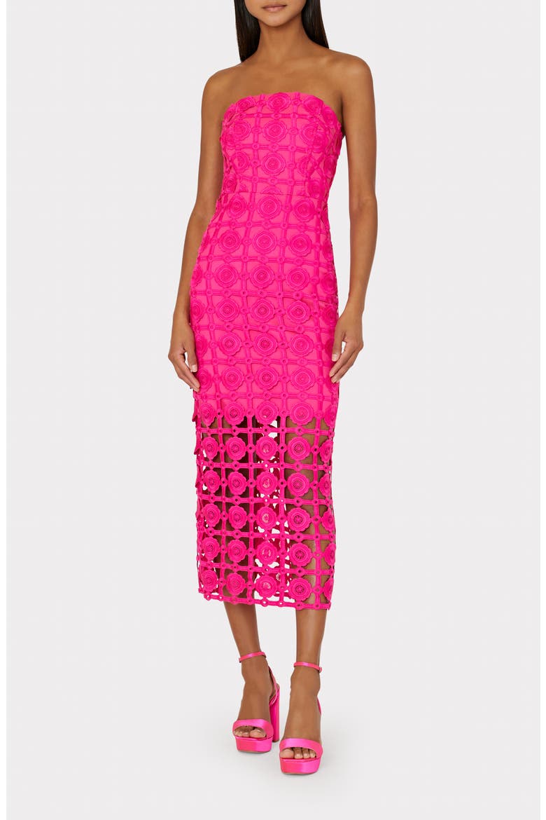 Kait Lace Strapless Midi Dress, Main, color, MILLY PINK