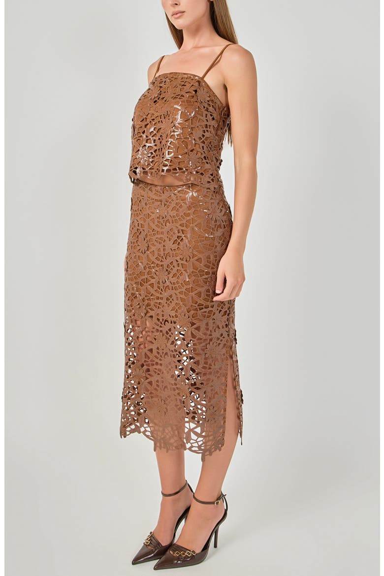 Sequin Floral Lace Midi Skirt, Alternate, color, DARK BROWN