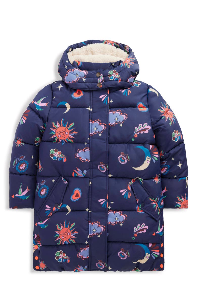 Mini Boden Kids' Hooded Longline Puffer Coat, Main, color, College Navy Spaced Celestial
