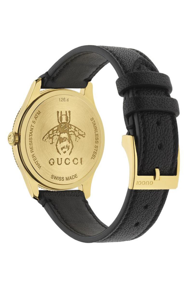 Gucci G-Timeless Bee Leather Strap Watch, 36mm, Alternate, color, Gold/ Black