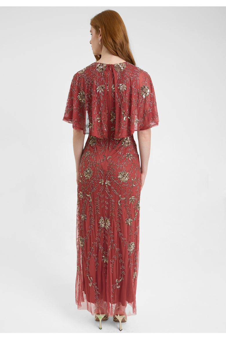 Embellished Sequin Beaded Maxi Dress With Round Neckline With Cape-Style Short Sleeves, Alternate, color, RUST