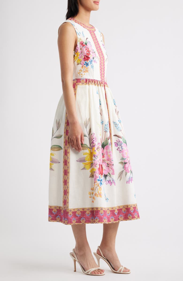Elie Tahari The Scarlette Print Linen Blend Midi Dress, Alternate, color, Tiara Garden Print