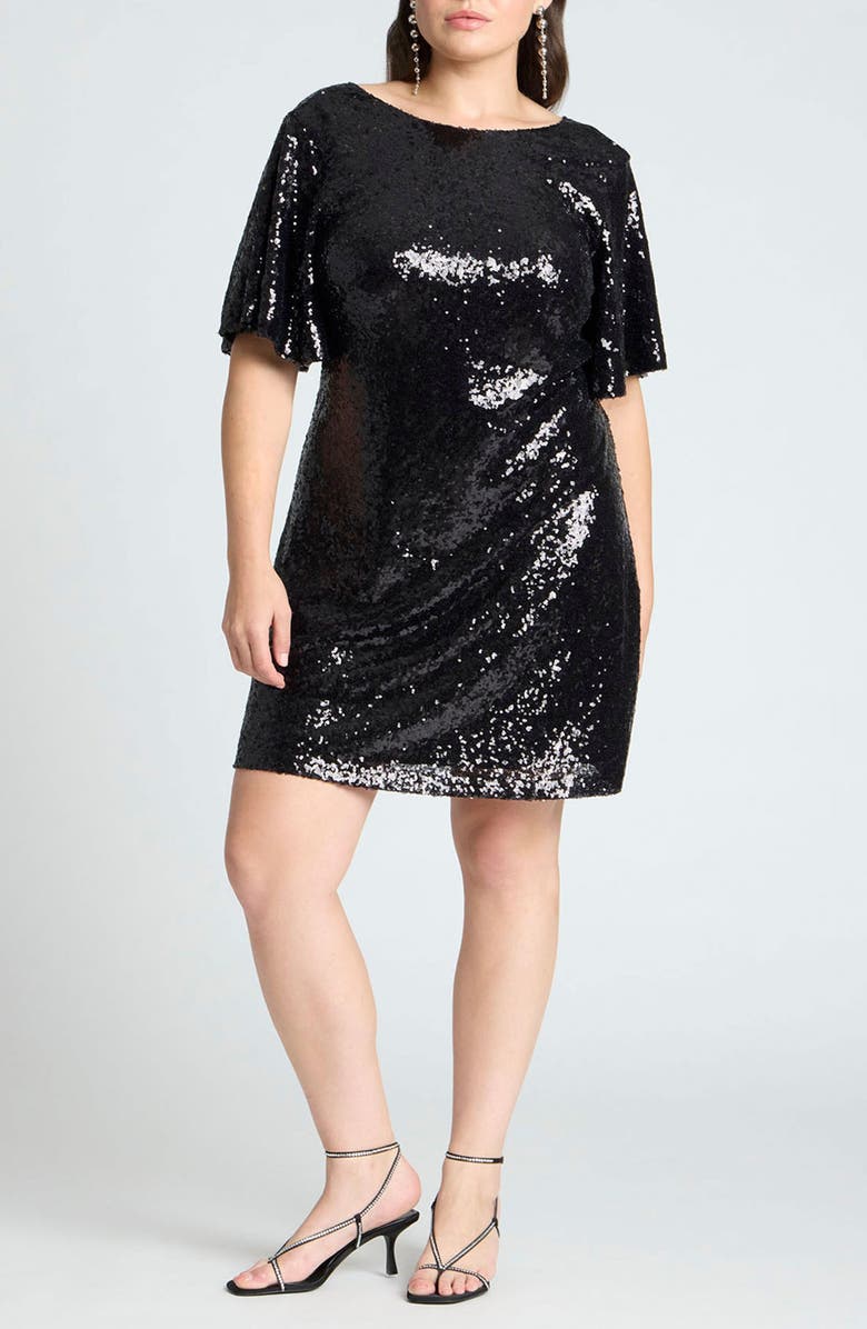 ELOQUII Drape Back Sequin Shift Dress, Main, color, 