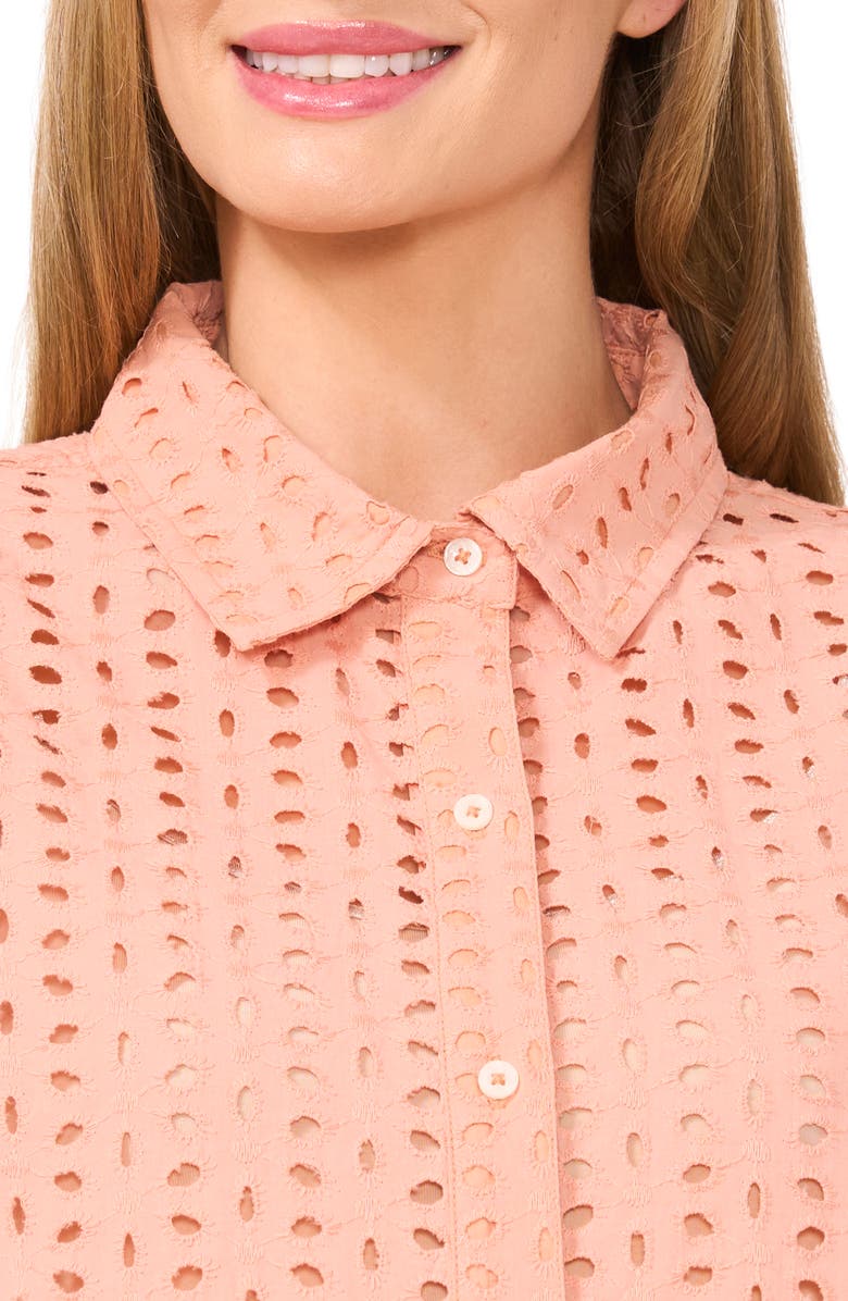 CeCe Eyelet Embroidered Cotton Button-Up Shirt, Alternate, color, Peach Rust