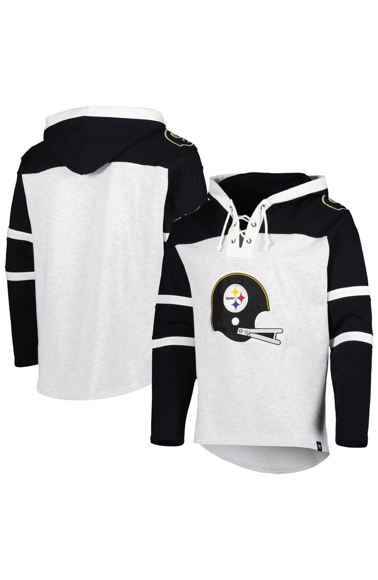 '47 Men's '47 Pittsburgh Steelers Heather Gray Historic Logo Gridiron Lace-Up Pullover Hoodie, Main, color, Gray