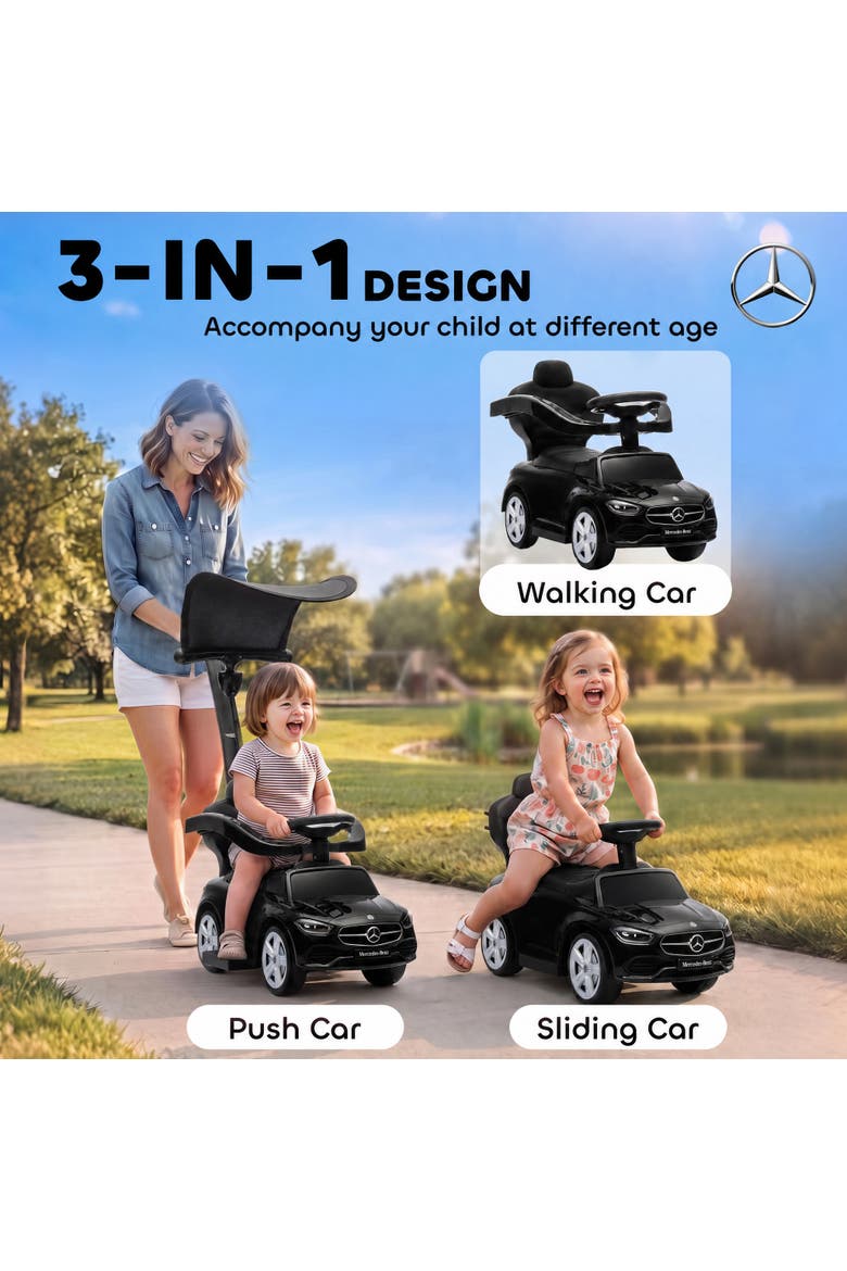 4 in 1 Toddler Push Car, Licensed Mercedes-Benz Ride On Car, Foot to Floor Slider with Parent Push Handle, Alternate, color, Black