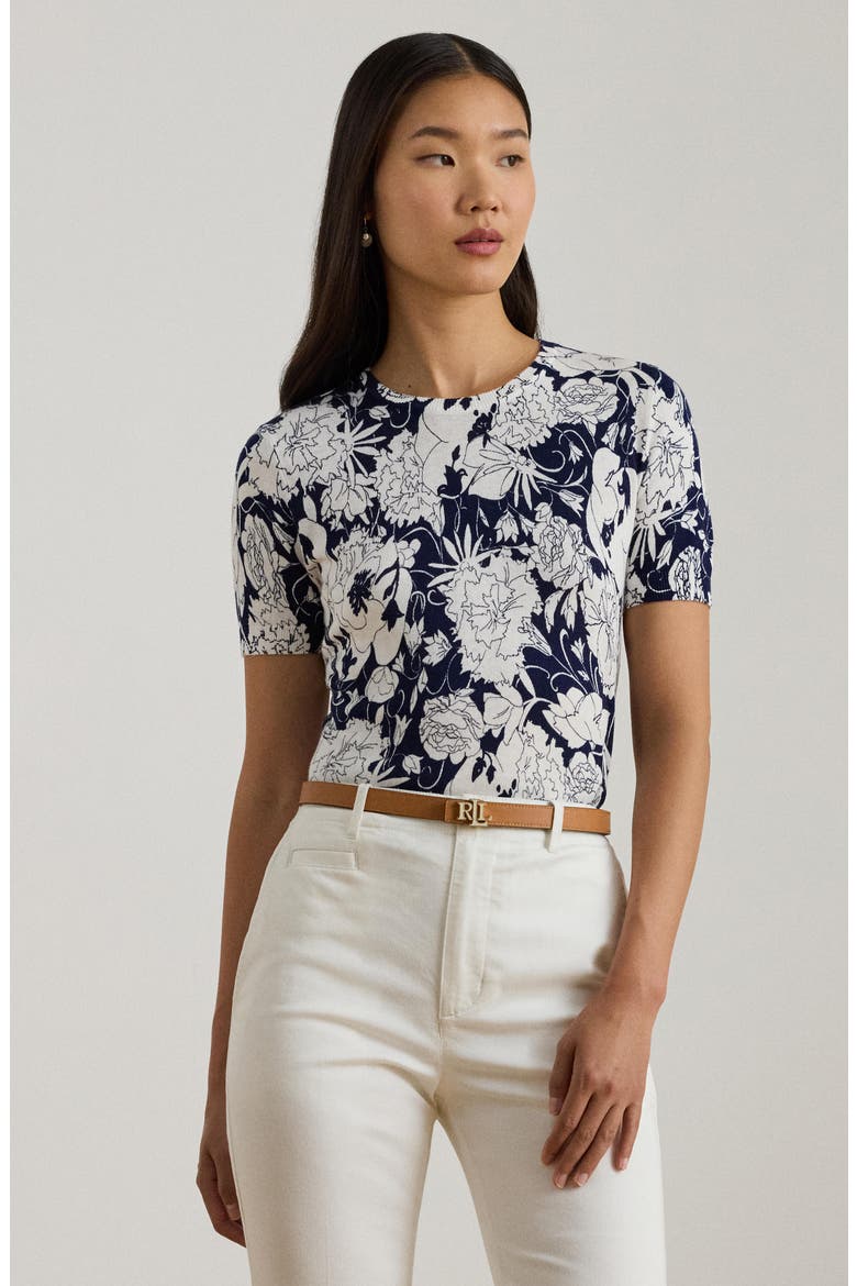 Floral Print Short Sleeve Sweater, Alternate, color, WHITE/ NAVY BLUE