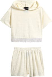 Ava & Yelly Kids' Fringe Trim Hoodie & Shorts Cover-Up Set
