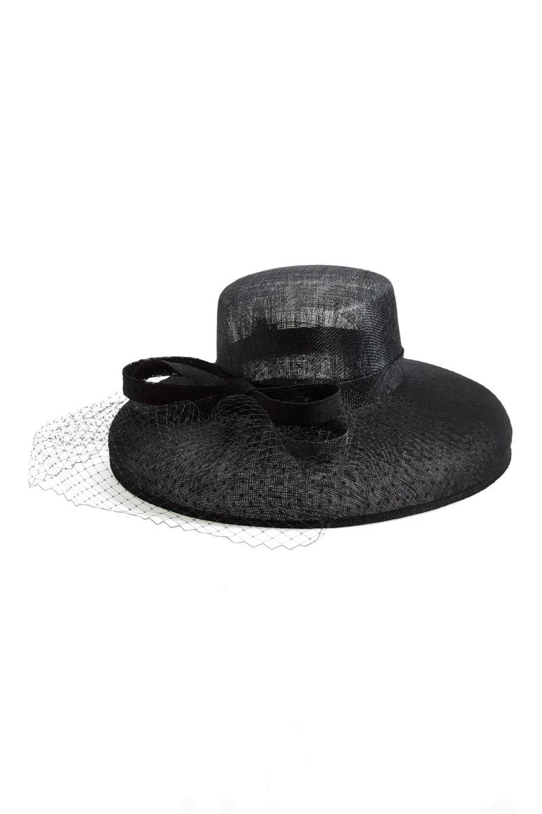 Sinamay Hat with Point d'Esprit, Main, color, BLACK/ BLACK