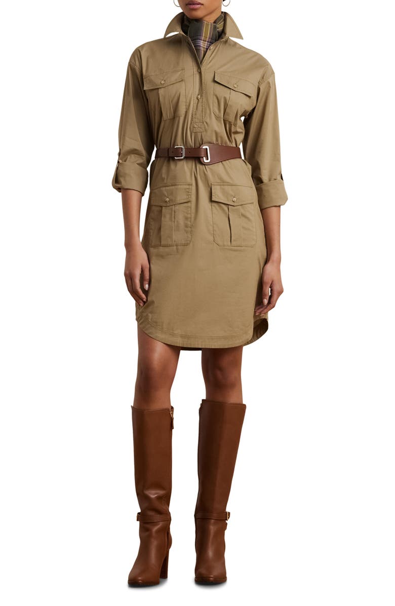 Lauren Ralph Lauren Tie Waist Long Sleeve Stretch Poplin Shirtdress, Main, color, Madison Tan