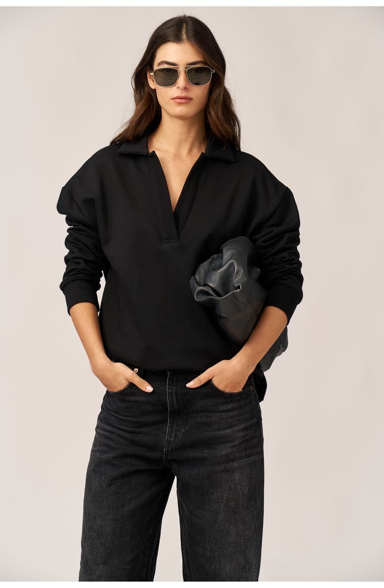 Gottex Beach Life Cozy Coast Airport Collared V Neck Sweatshirt, Alternate, color, Black