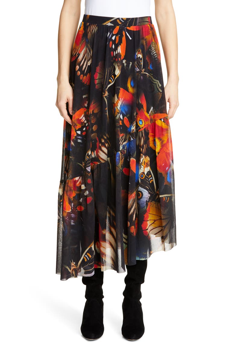 Butterfly Print Asymmetrical Midi Skirt, Main, color, ANGOSTURA