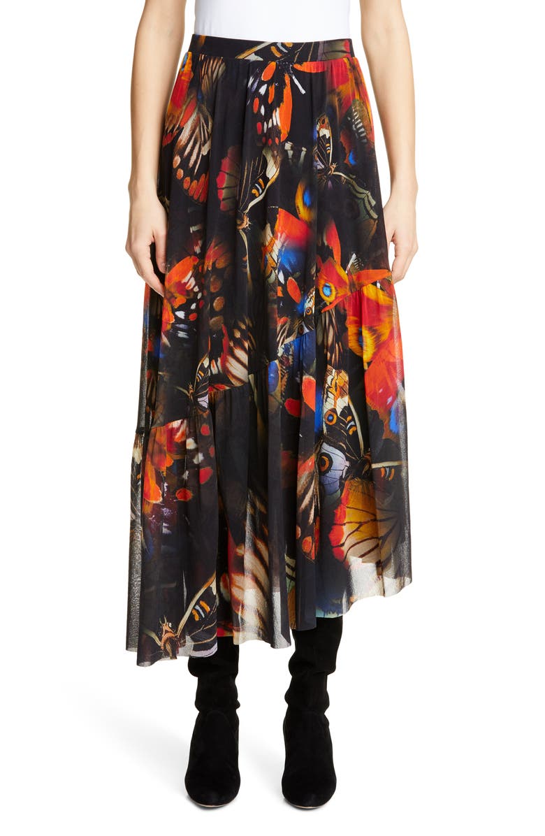 Fuzzi Butterfly Print Asymmetrical Midi Skirt, Main, color, 