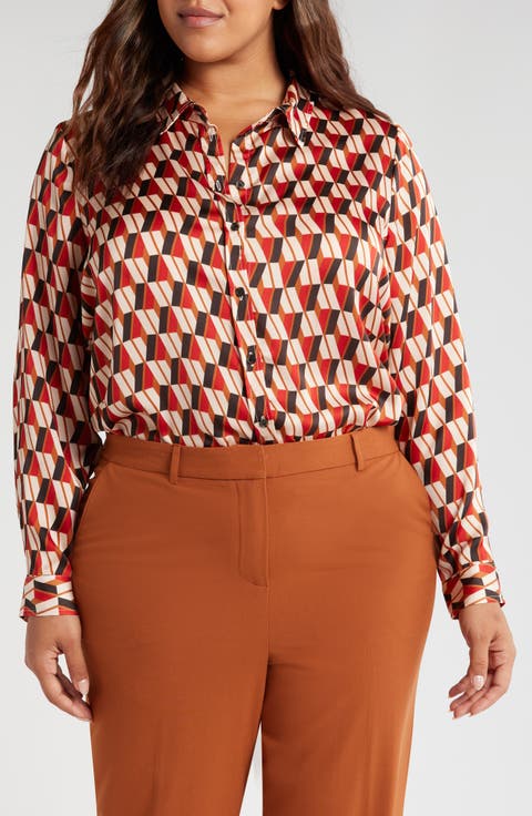 Geo Print Satin Button-Up Shirt (Plus)